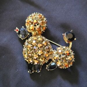 Vintage Topaz and Black Rhinestone Poodle Brooch Gold Tone - EUC